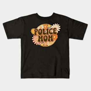 Police Mom Retro Groovy Floral Leopard Kids T-Shirt